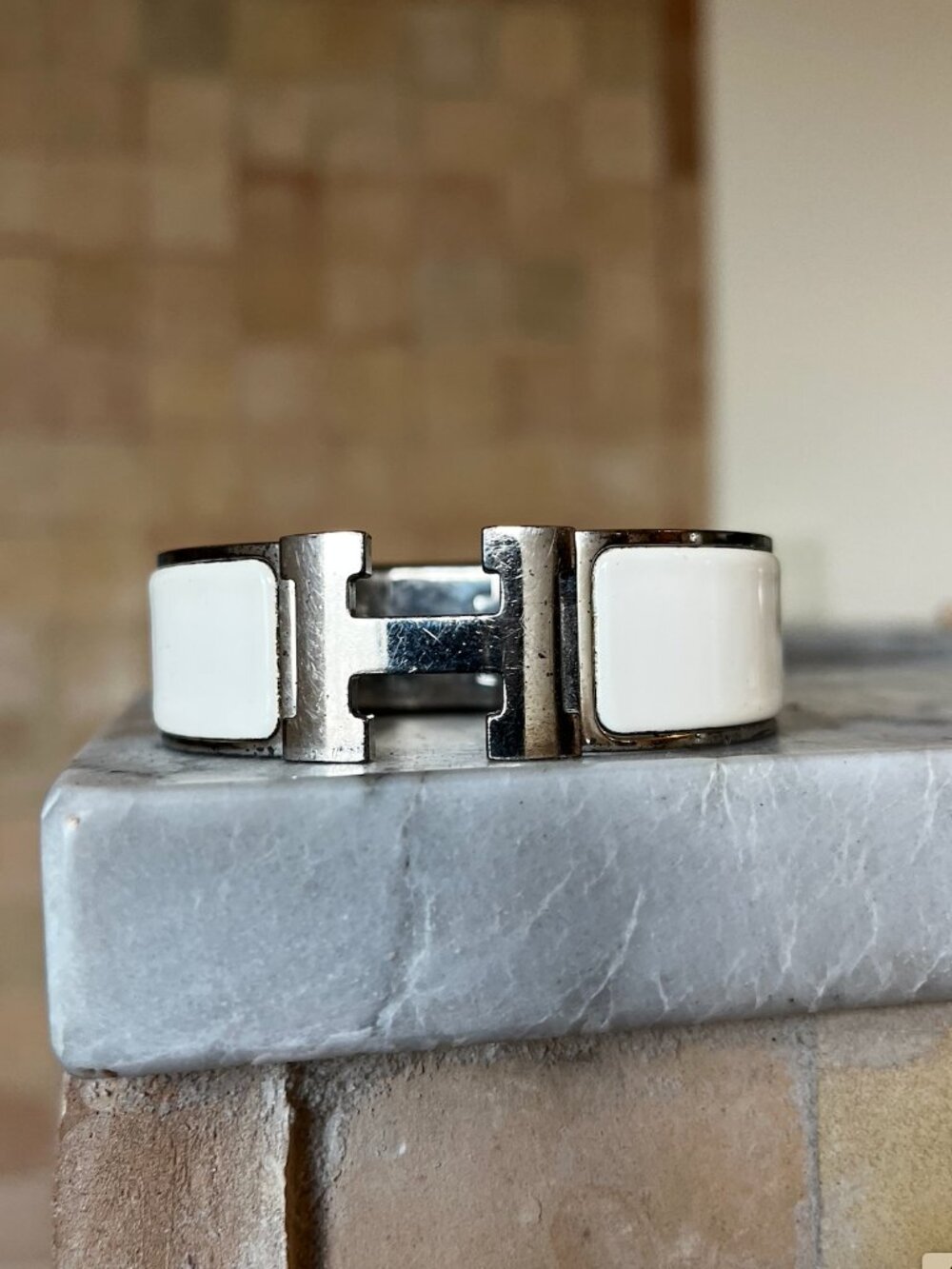 Hermés "Clic Clac" H Cuff Bracelet Silver and White